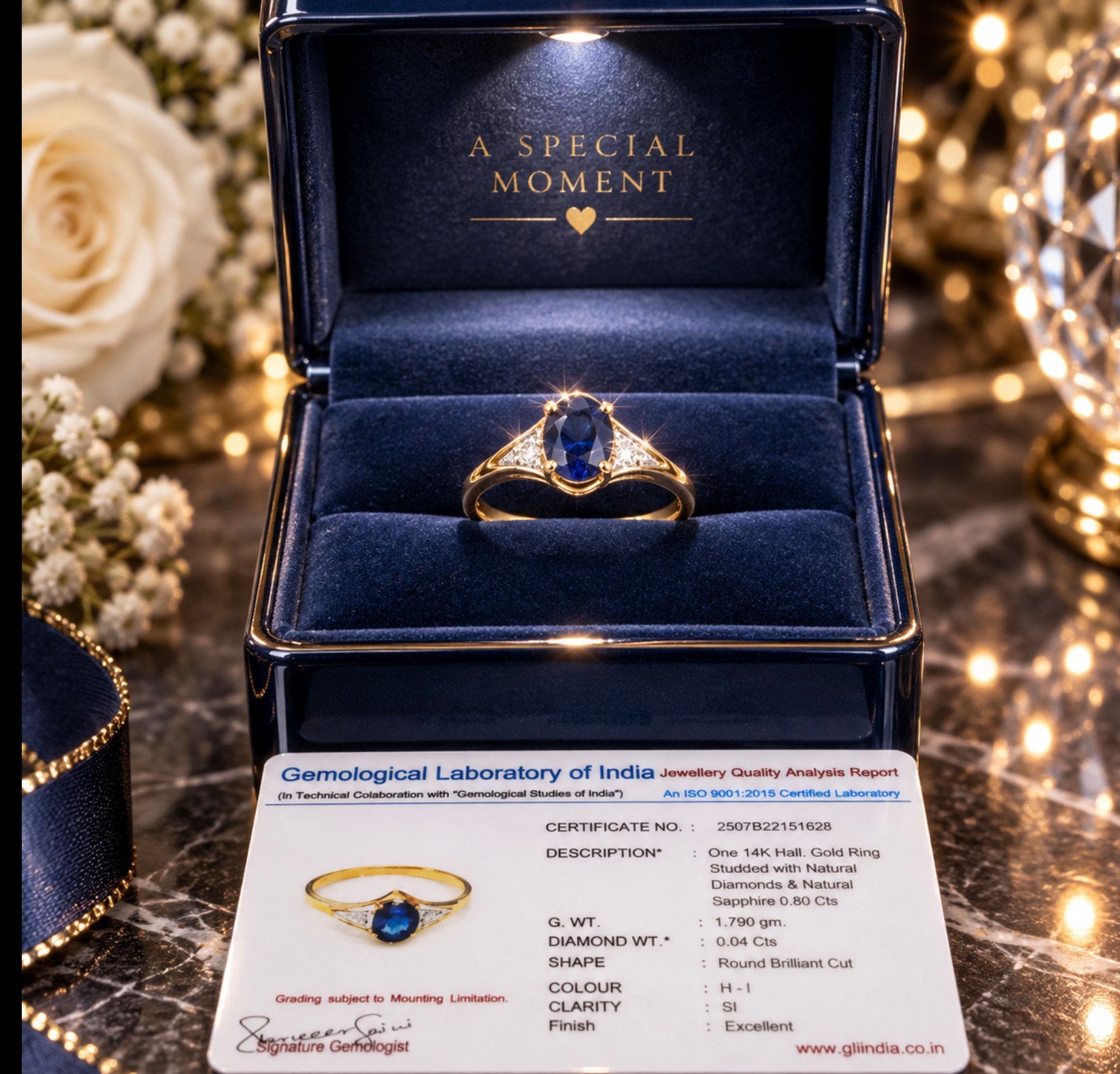 Ring goud met diamanten en saffier, Sieraden, Tassen en Uiterlijk, Nieuw, Ophalen of Verzenden, 17 tot 18, Dame