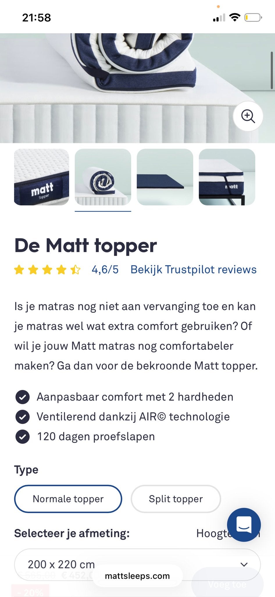 Matt Sleep Topper - 200x220 cm, Ophalen, Gebruikt, Tweepersoons, Overige maten