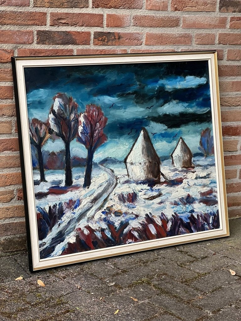 Olieverf winterlandschap met hooibergen -gesigneerd Frans P., Ophalen, Doek, Expressionistisch, Landschap