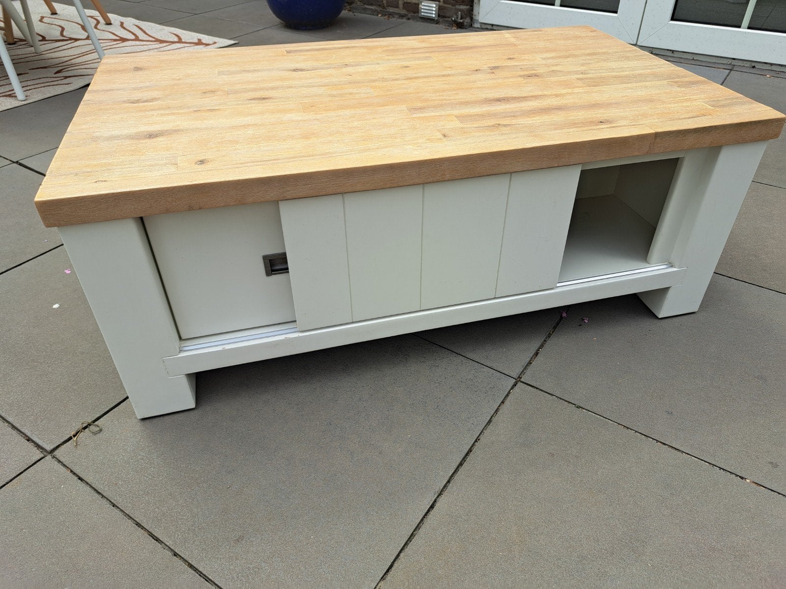 Salontafel met opbergruimte - Wit met houten blad, Huis en Inrichting, Gebruikt, 100 tot 150 cm, 50 tot 100 cm, Landelijk, Modern