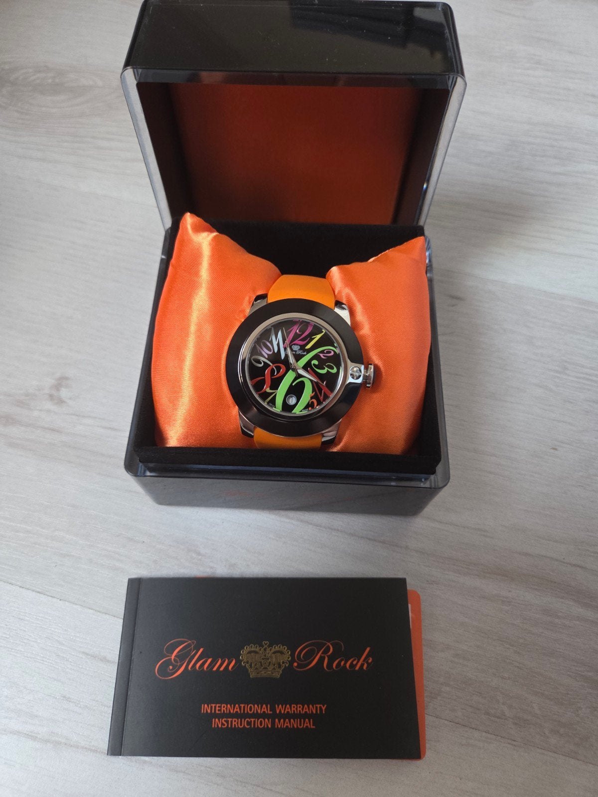 Glam Rock Horloge met Oranje Band en Kleurrijke Wijzerpla, Overige merken, Leer, Staal, Polshorloge