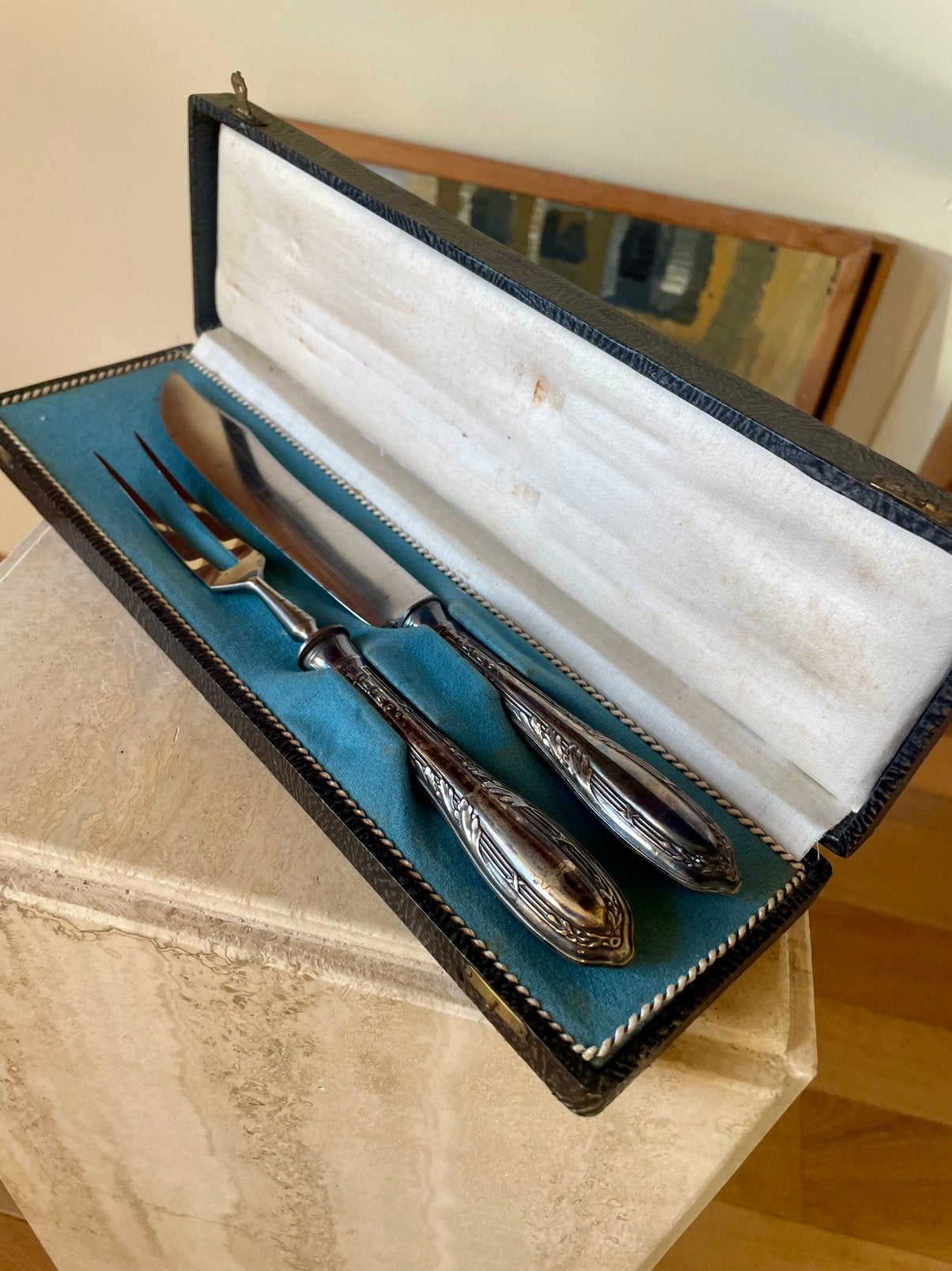Antieke trancheerset zilver 800/900 in originele doos, Ophalen
