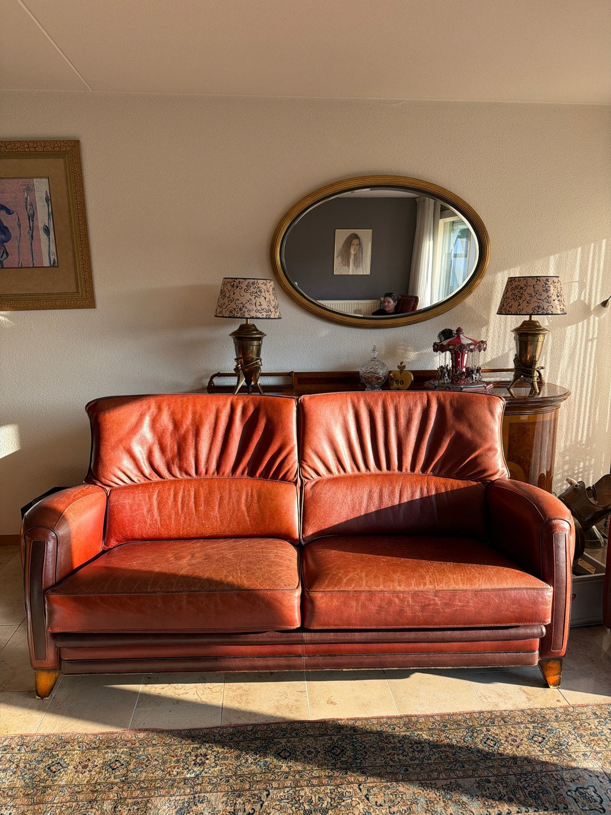 Comfortabele leren tweezitsbank - Klassiek roodbruin, Ophalen, Gebruikt, 150 tot 200 cm, Tweepersoons