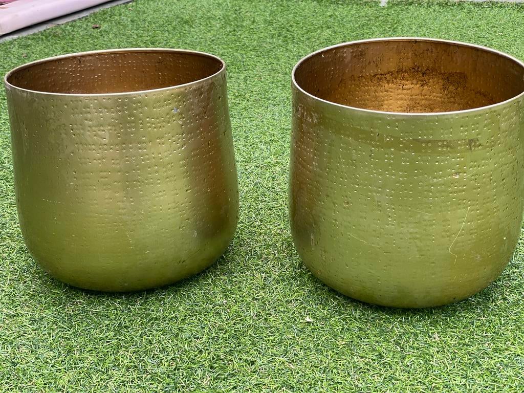bloempotten goud metaal 26 cm doorsnede - set van 2, Zo goed als nieuw, Minder dan 40 cm, Metaal, Ophalen