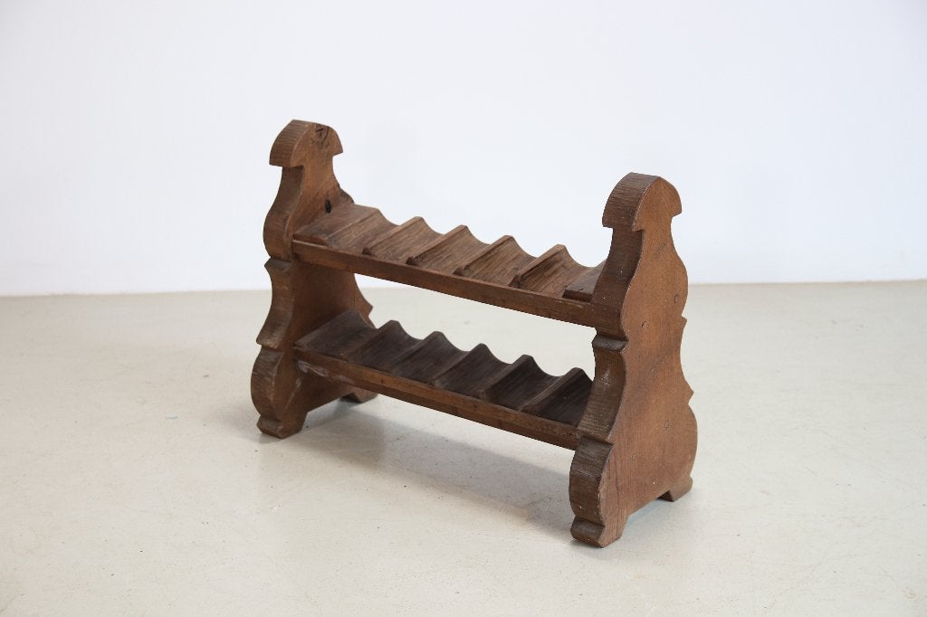 Vintage brutalist eikenhouten wijnrek voor 11 flessen, Ophalen, Gebruikt, Hout, 5 tot 15 flessen