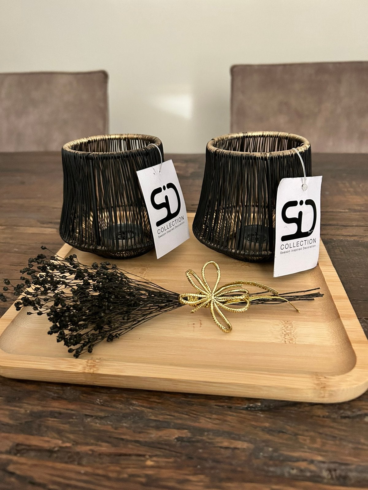 2 MOOIE ZWART / GOUD METALEN SFEERLICHTJES / HOUTEN BLAD, Zwart, Waxinelichthouder, Nieuw, Ophalen of Verzenden
