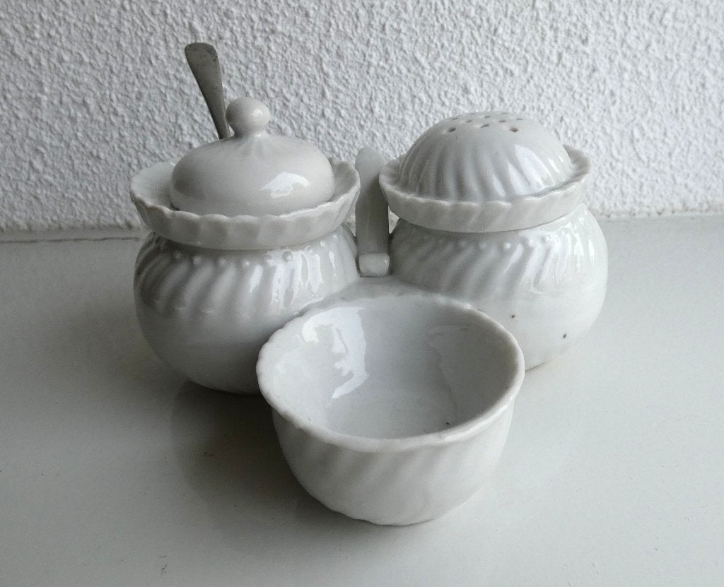 Witte vintage peper en zout en mosterd stel, Ophalen of Verzenden