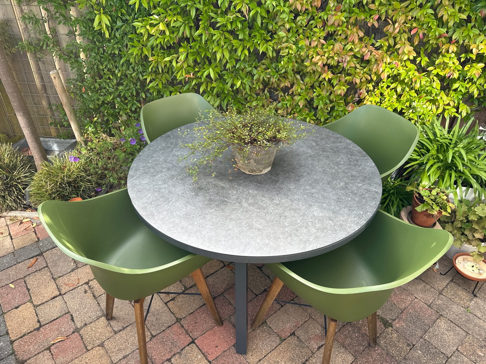 Tuinset met keramisch glazen blad en 4 kuipstoelen, Tuin en Terras, Tuinsets en Loungesets, Ophalen, Gebruikt, Eettafel, Tuinset