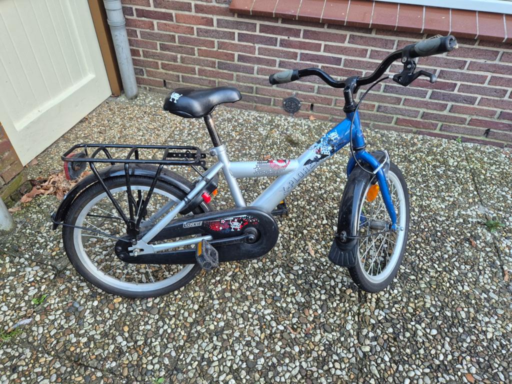 Kinderfiets 18 inch - Zilver/Blauw, Terugtraprem, Gebruikt, Minder dan 49 cm, Ophalen