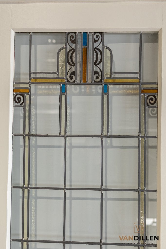 Antieke ensuite schuifdeuren glas in lood met motief, 120 cm of meer, Binnendeur, Ophalen of Verzenden, 200 tot 215 cm
