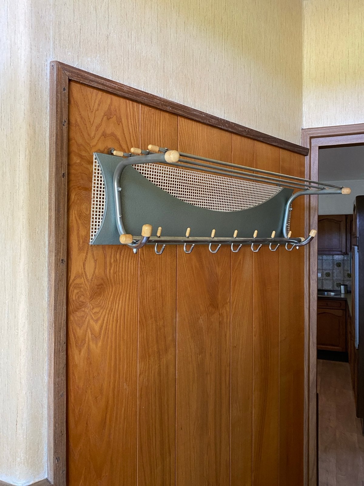 Vintage wandkapstok met hoedenplank en haken, Gebruikt, Minder dan 100 cm, Metaal, Ophalen