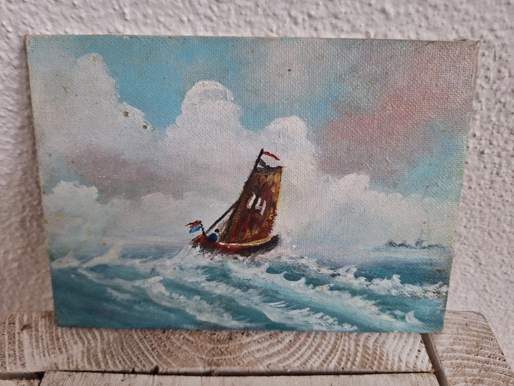 Schilderij zeilboot op woelige zee - Maritiem kunstwerk, Antiek en Kunst, Ophalen, Maritiem / water, Realistisch, Overige ondergronden