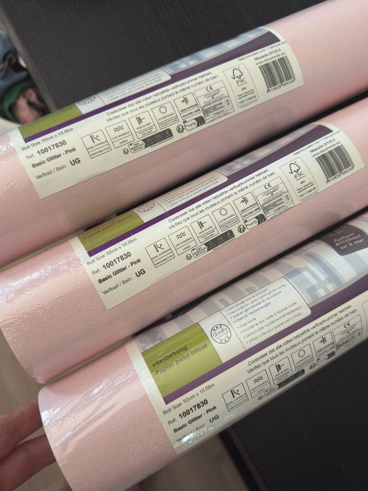 3 rollen lichtroze glitter vliesbehang (Praxis), Ophalen, Overige merken, Structuur, Roze