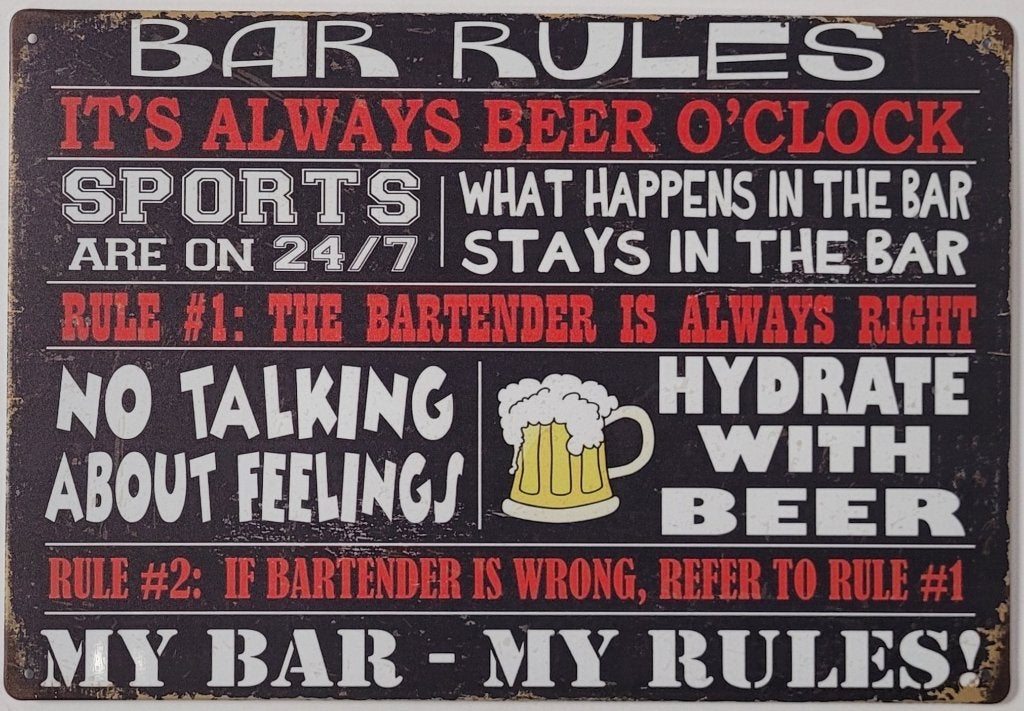 Bar rules always beer o clock bier reclamebord van metaal