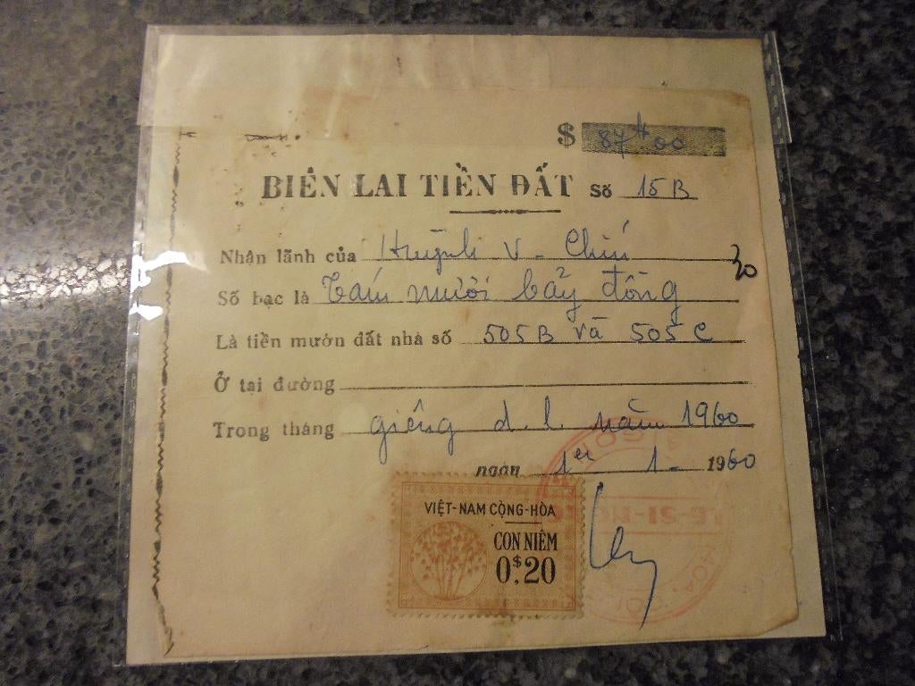Vietnam. Kl document Betaling huur van grond. 1960. 0,20$, Ophalen of Verzenden, Buitenland