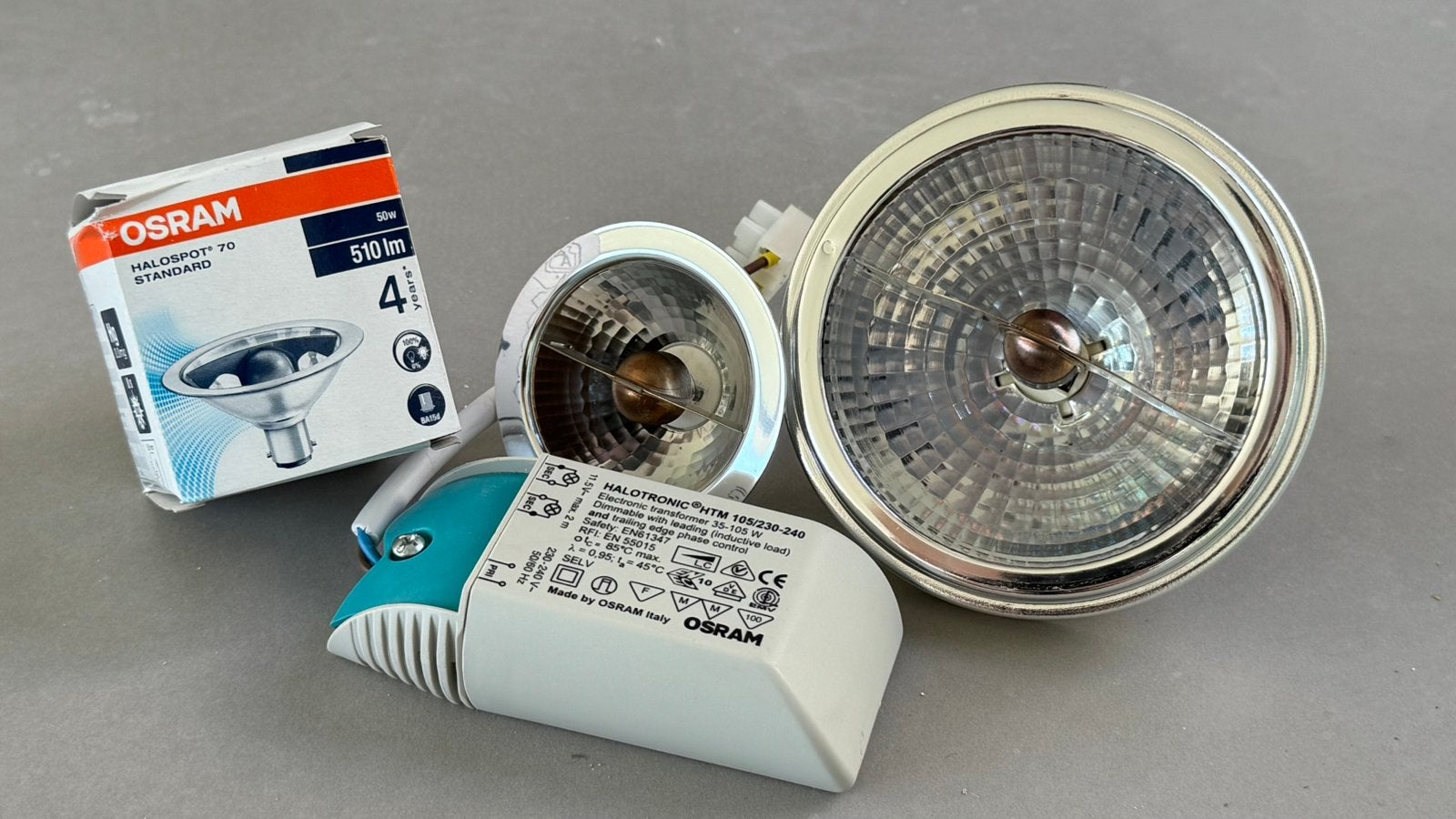 OSRAM transformator Halotronic HTM 105 + halogeen spots, Halogeen, Metaal of Aluminium, Ophalen of Verzenden, Zo goed als nieuw
