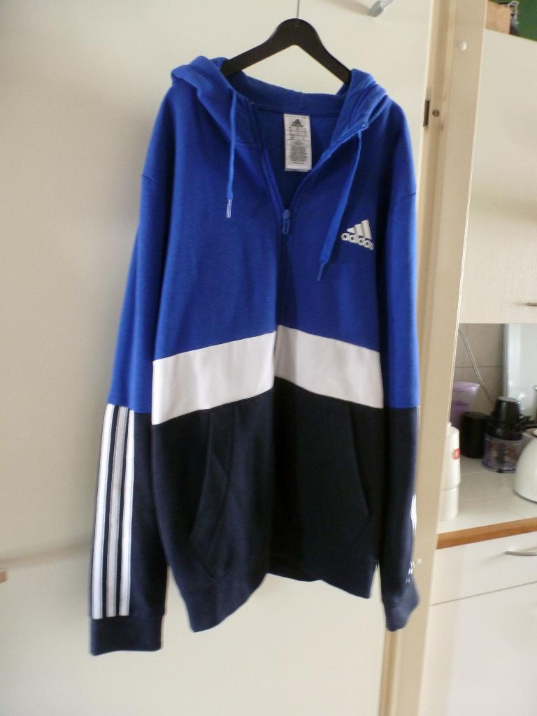 ADIDAS hoodie vest blauw wit 42 -GRATIS zend, Maat 42/44 (L), Verzenden, Blauw, Fitness of Aerobics