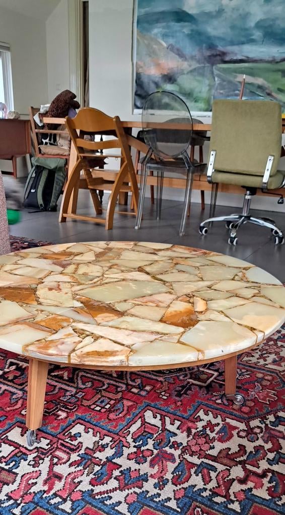 Vintage/mid-century ronde salontafel onyx mozaïek blad, Gebruikt, Vintage, Eclectisch, Mid-century, Rond, Minder dan 50 cm