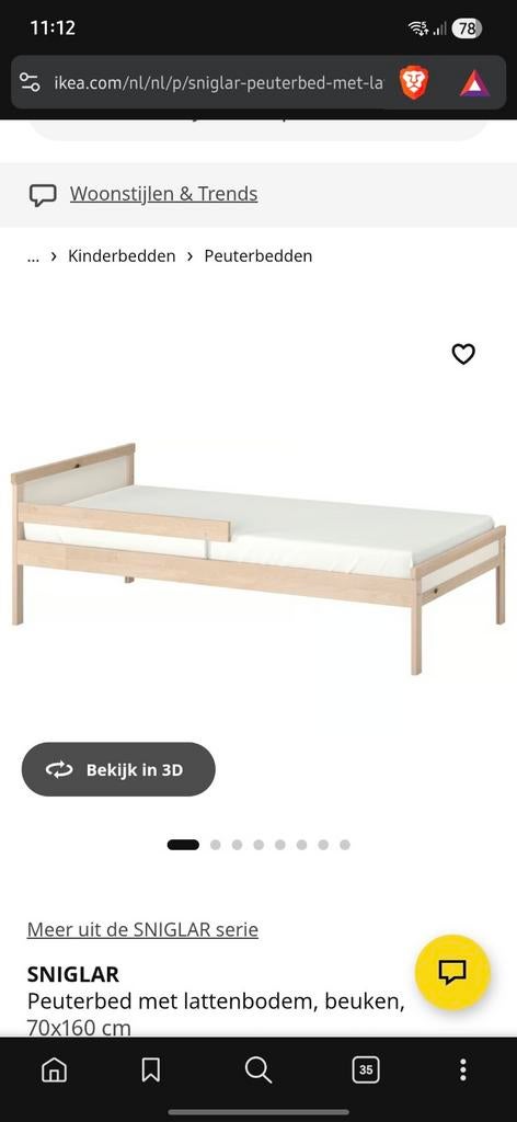 IKEA SNIGLAR Peuterbed met lattenbodem, beuken, Ophalen, Gebruikt, 70 tot 85 cm, 140 tot 160 cm