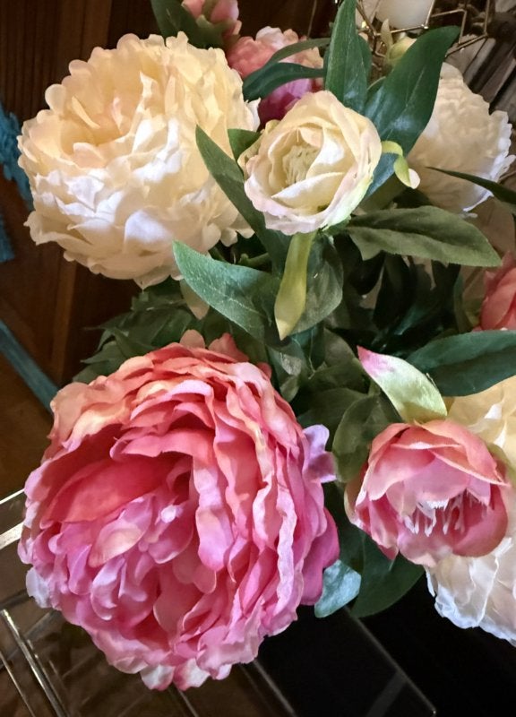SALE!!! Klassieke vaas vol zijde pioenrozen bloemen VdlM, Roze, Ophalen of Verzenden, Boeket, Inclusief kunstbloemen