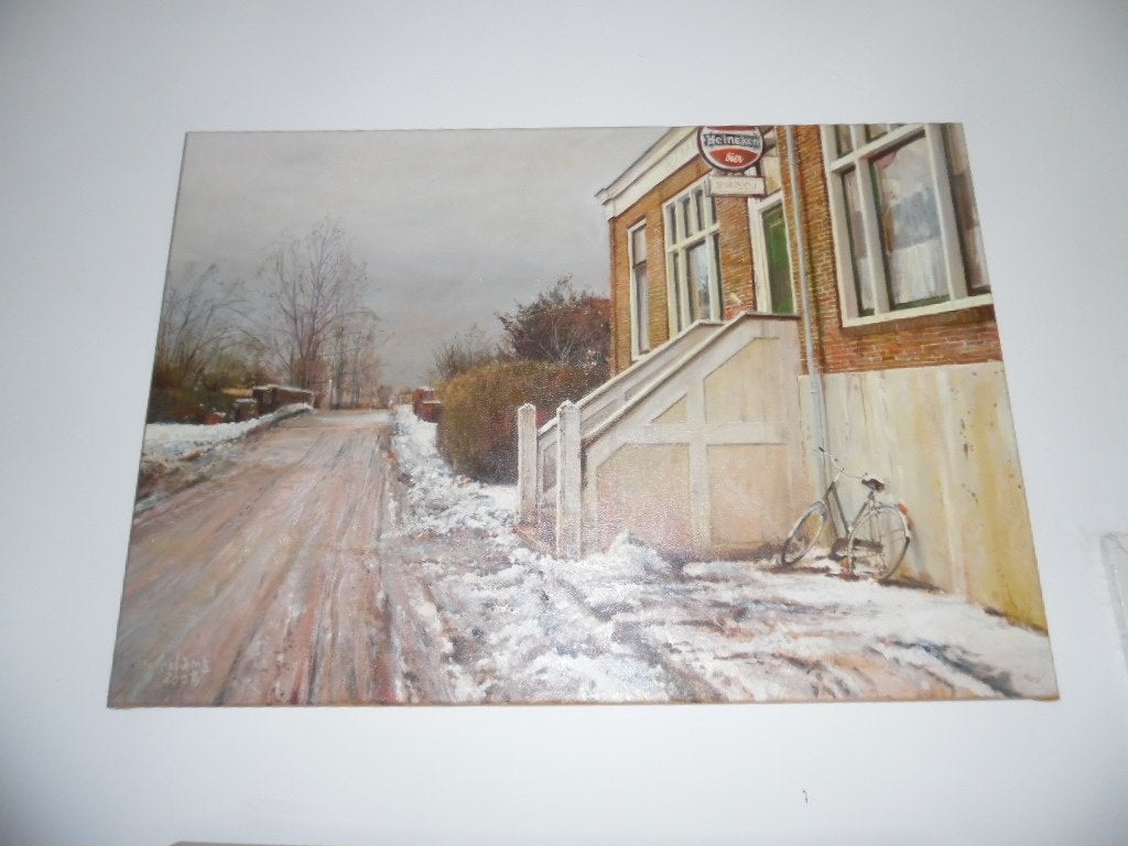 Schilderij M Galema, Cafe Spoorzicht Workum, Antiek en Kunst, Gesigneerd, Ophalen of Verzenden, Olieverf, Overige materialen