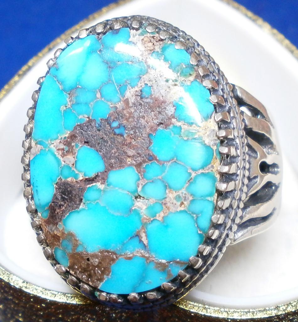 Turkoois design ring %100 Perzisch turkoois zeldzaam ca 1970, Ophalen, 18 tot 19, Blauw, Zo goed als nieuw