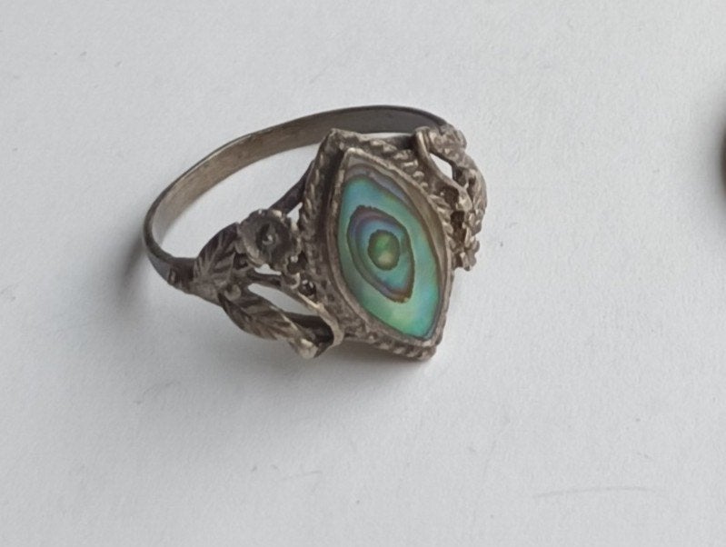 Vintage ring, blauwe/groene steen, 925 zilver, jaren 70/80, Gebruikt, 19 tot 20, Ophalen of Verzenden, Dame
