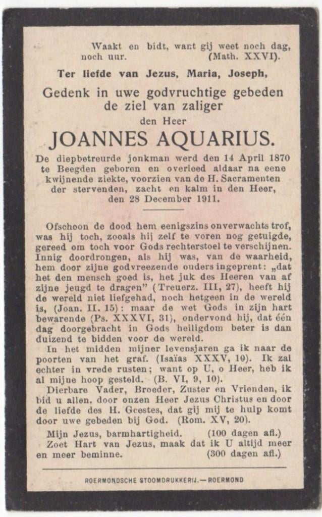 Joannes Aquarius 1870 Beegden + 1911 Beegden, 41 jaar oud, Verzenden