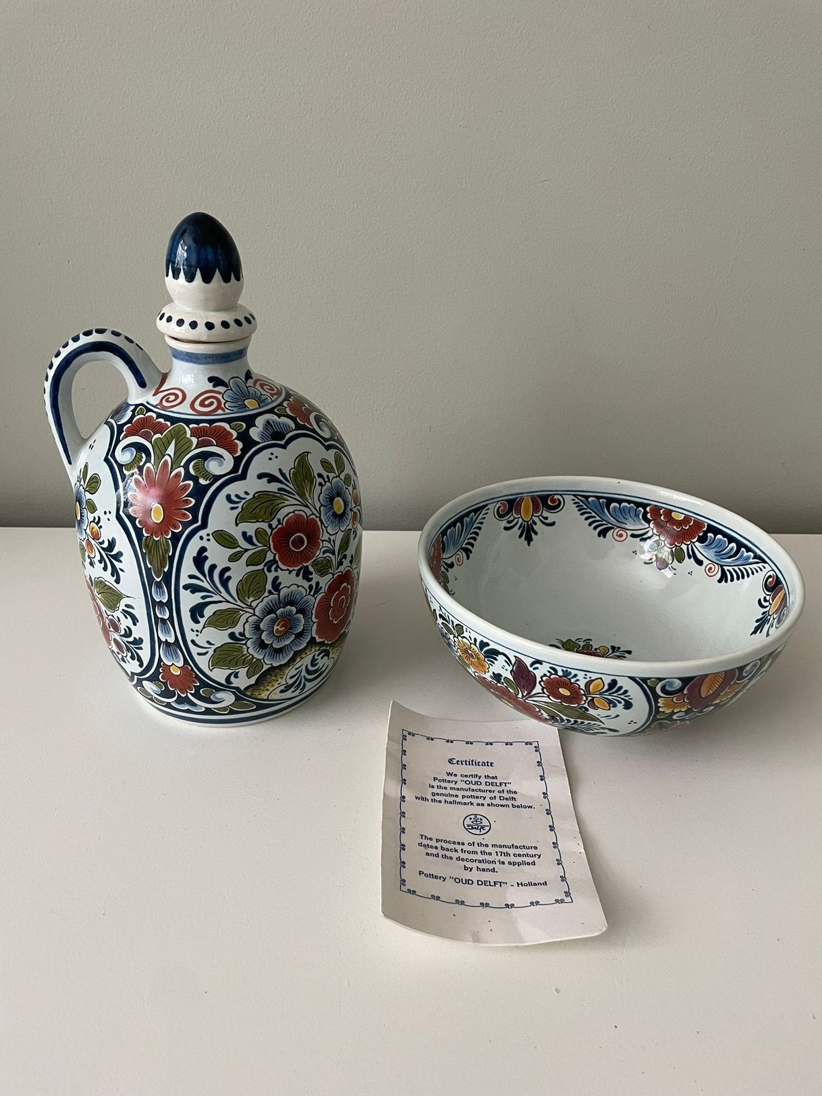 Pottery Oud Delft - Antieke Karaf en Kom, met certificaat, Ophalen of Verzenden