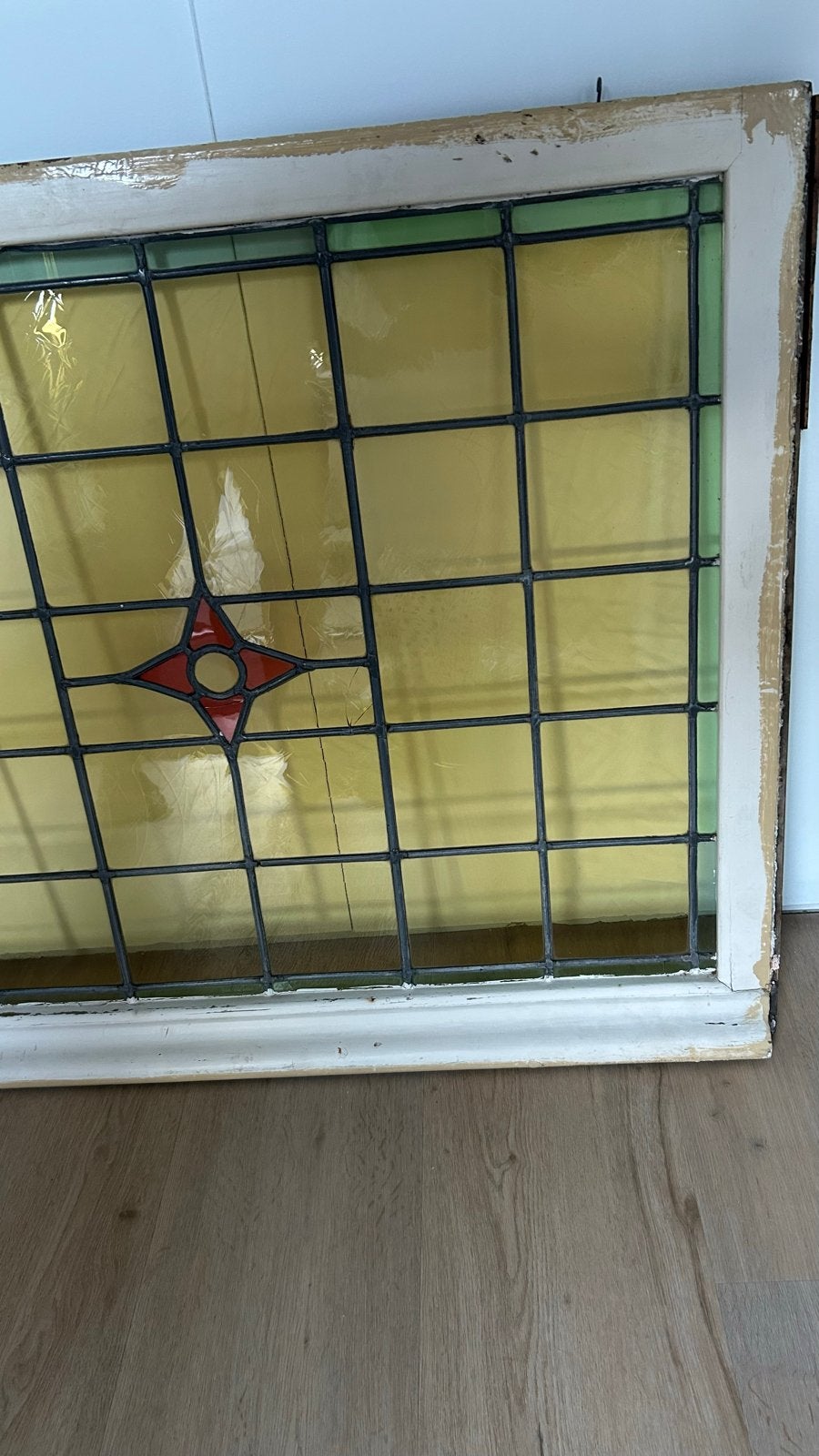 Brocante glas in lood raam in originele lijst, Ophalen