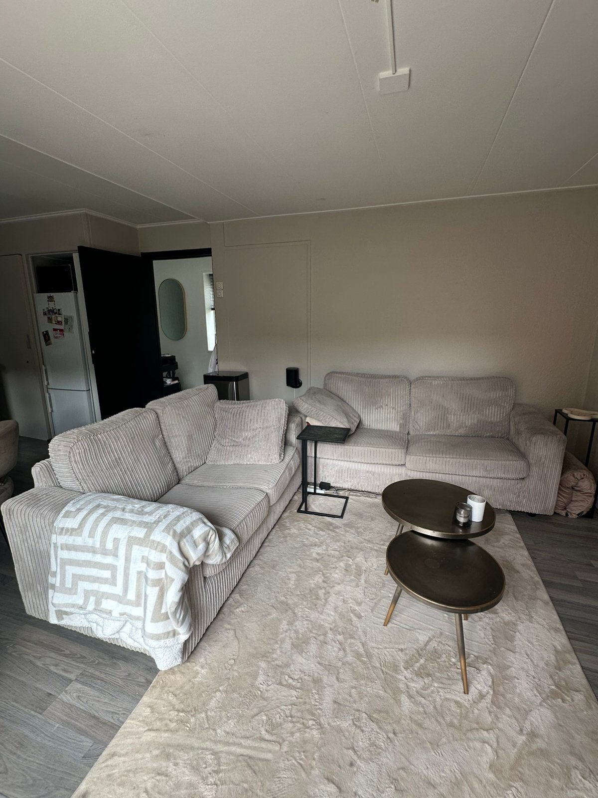 Ribstof beige banken + hocker, Ophalen, 75 tot 100 cm, Zo goed als nieuw, Rechte bank