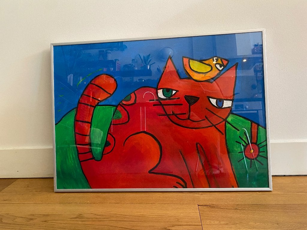 vrolijk schilderij van kat met vogel, Ophalen, Achter glas