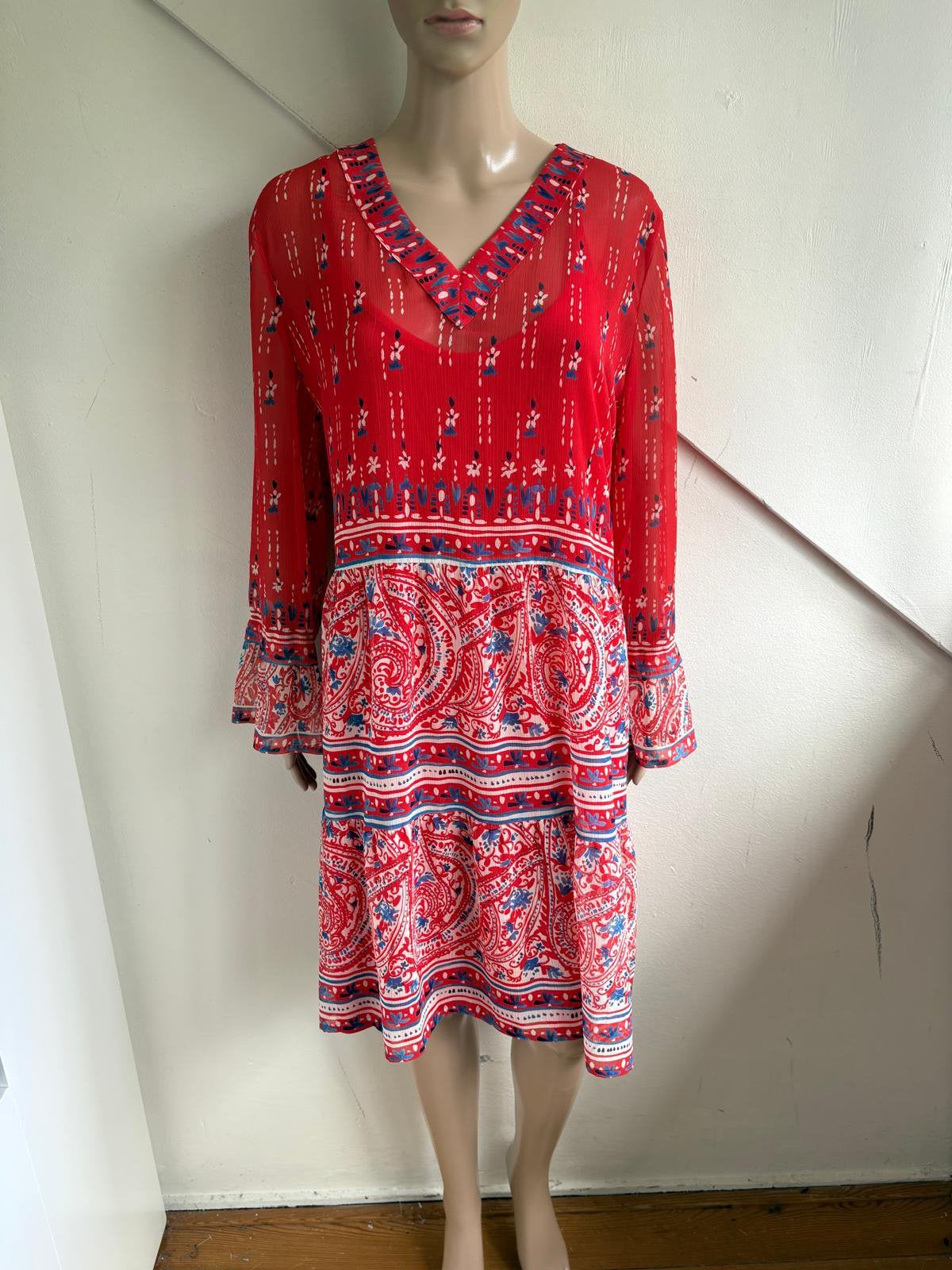 Caroline Biss jurk + onderjurk maat 46 rood wit blauw, Maat 46/48 (XL) of groter, Ophalen of Verzenden, Zo goed als nieuw, Knielengte