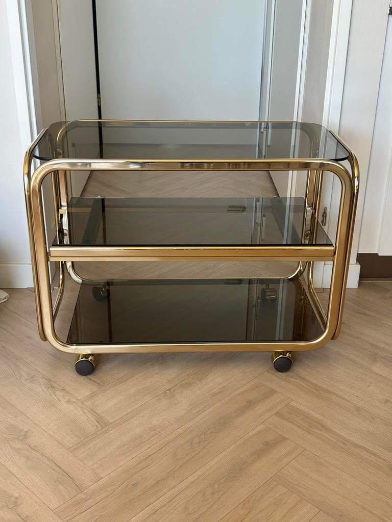 Vintage bijzettafel/serveerwagen/trolley rookglas messing, Ophalen, Gebruikt, 50 tot 100 cm, Teakhout