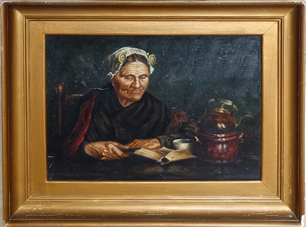 Scheveningse vrouw leest in de Bijbel, Ophalen, Paneel, Ingelijst, Portret of Personen