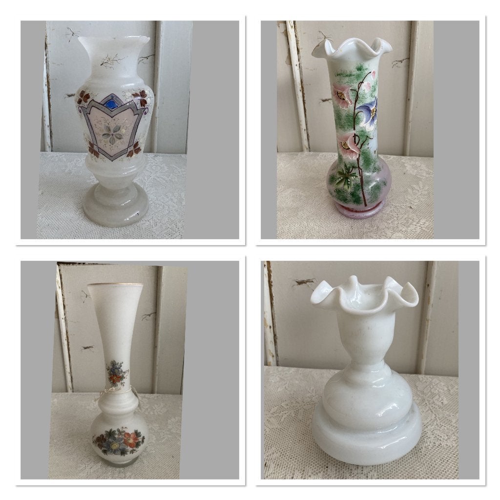 Brocante glazen vaasje - vaasjes / Opaline - melkglas - glas, ---, Ophalen of Verzenden, ---, Glas