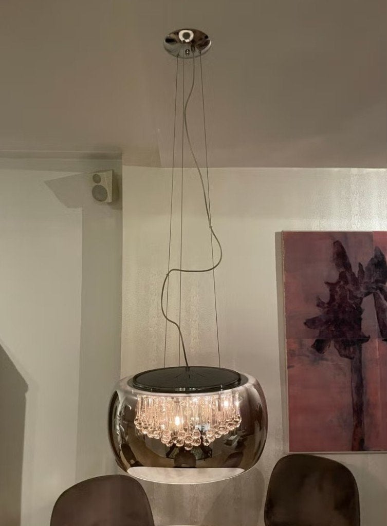 Moderne hanglamp met glazen druppels, Huis en Inrichting, Lampen | Hanglampen, Ophalen, Zo goed als nieuw, Glas, Modern