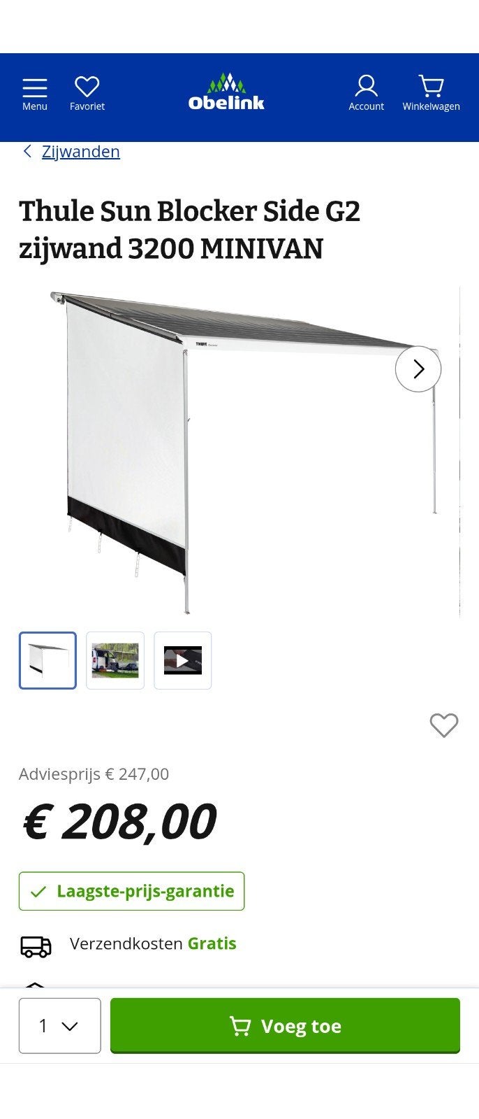 Thule Sun Blocker Zijwand G2 300M voor Buscamper/Minivan, Ophalen, Zo goed als nieuw