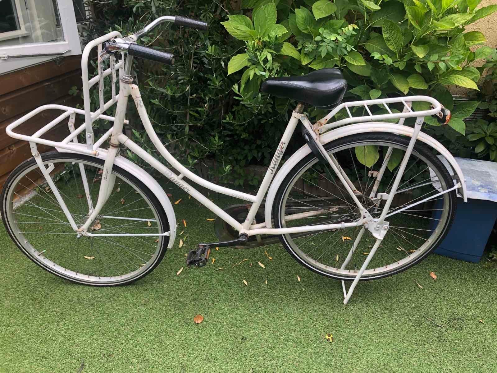Witte transportfiets met voordrager, Terugtraprem, Ophalen, Overige merken, 53 tot 56 cm