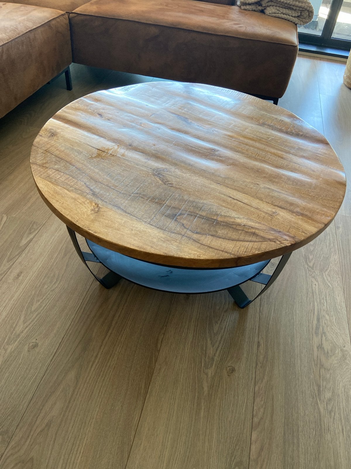 Prachtige ronde houten salontafel - 90 cm breed, Huis en Inrichting, Tafels | Salontafels, Ophalen, Gebruikt, Rond, 50 tot 100 cm