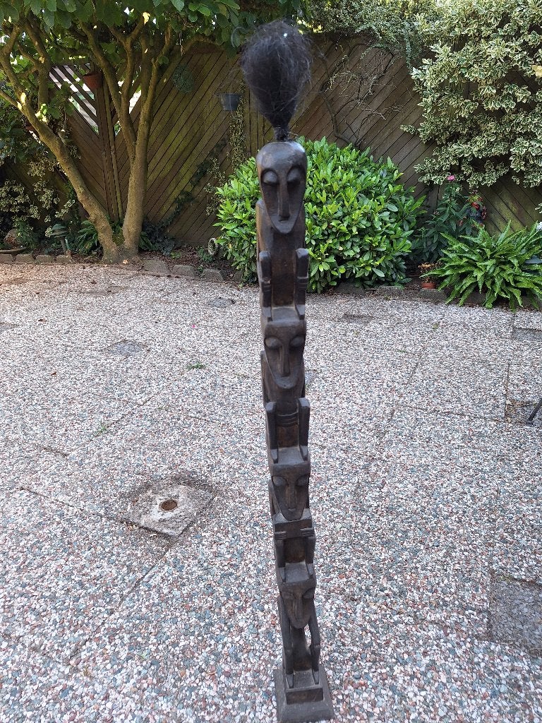 Unieke Afrikaanse Totempaal met Haarversiering, Hout, Bruin, Afrika, 100 cm