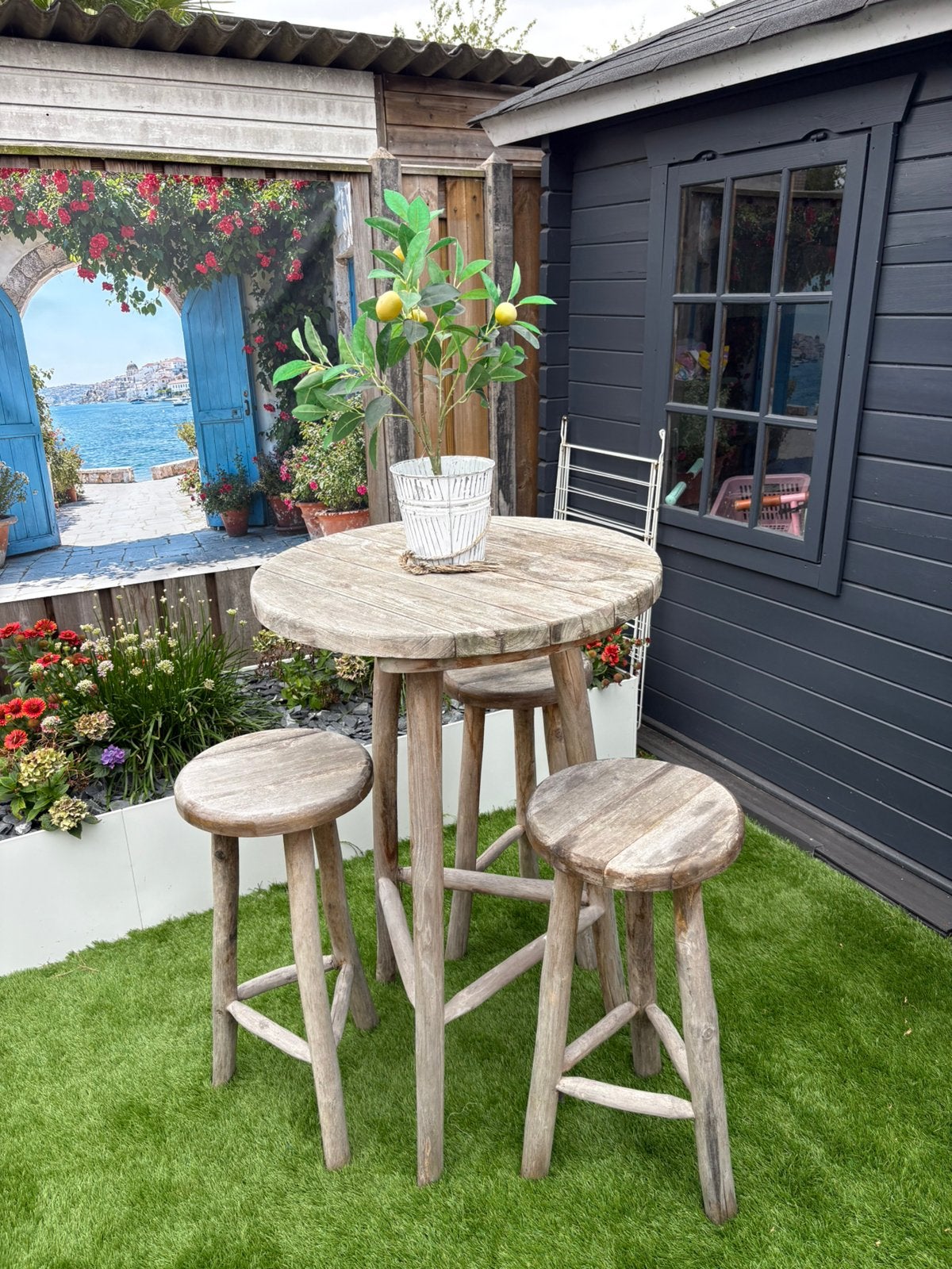 Te Koop: Teakhouten Bartafel + 3 Barkrukken, Tuin en Terras, Ophalen, Gebruikt, 3 zitplaatsen, Teakhout