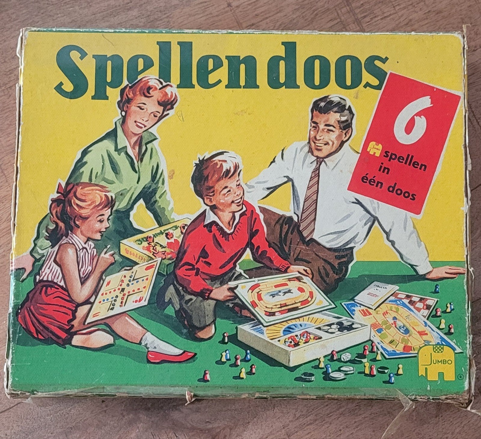 Vintage Jumbo Spellendoos - 6 Spellen in één doos, Hobby en Vrije tijd, Een of twee spelers, Ophalen of Verzenden, Gebruikt, Jumbo