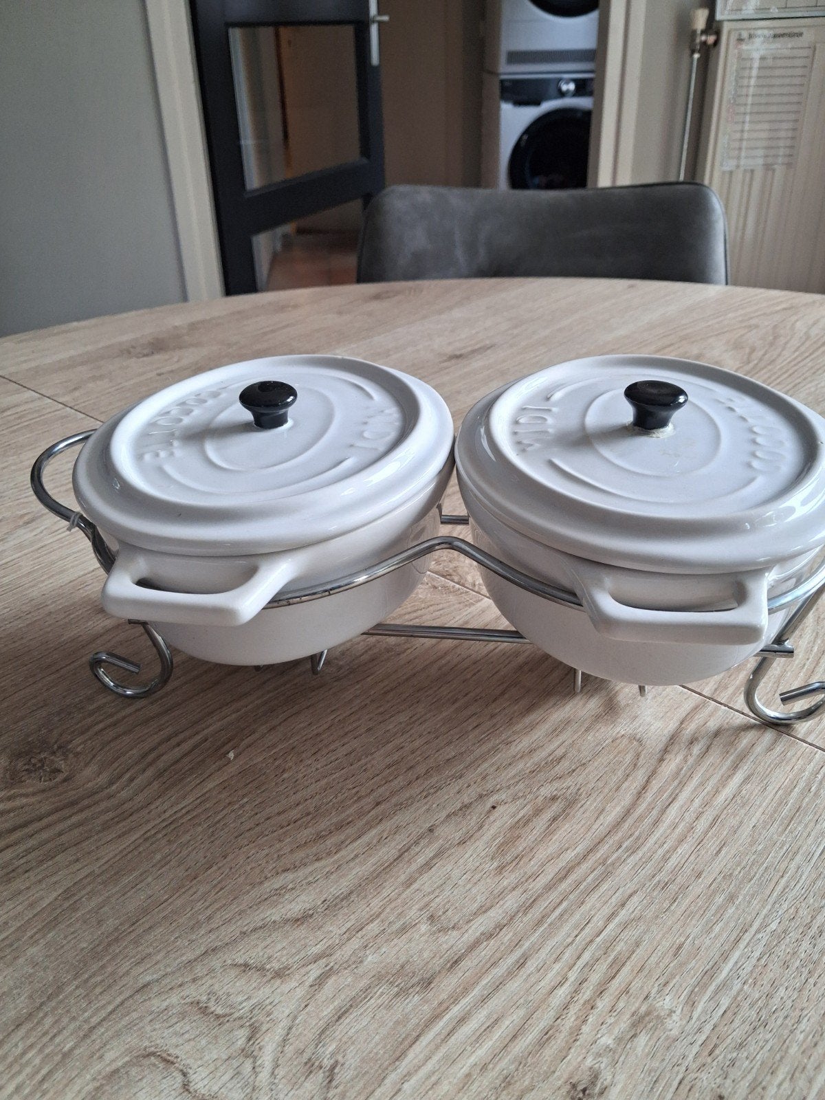 Midi Cocotte set met metalen houder, Ophalen of Verzenden, Steen/keramiek, Wit, Overige merken