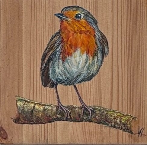 Schilderij Roodborst op gebruikt hout, Hout, Ophalen of Verzenden, Gelakt/vernis, Figuren