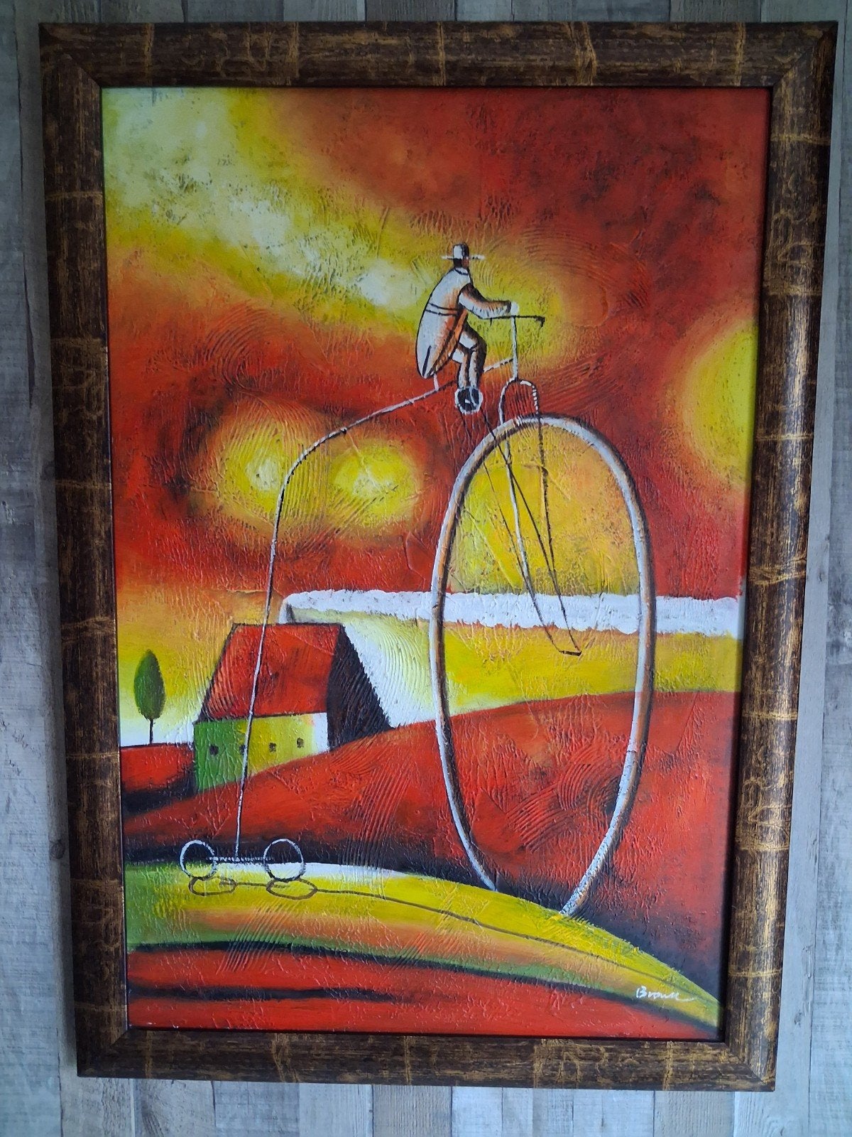 Prachtig Groot Schilderij 'Fietser op Hoge Bi' (100x70 cm) –, Antiek en Kunst, Ophalen