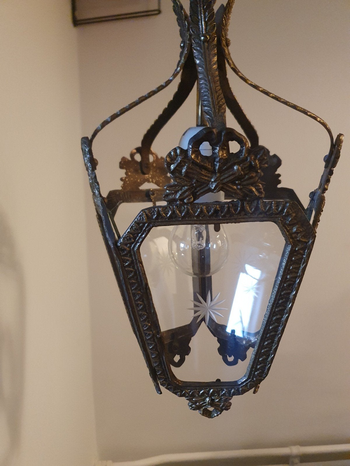 Prachtige vergulde lantaarn lamp geslepen glas, Antiek en Kunst, Ophalen of Verzenden