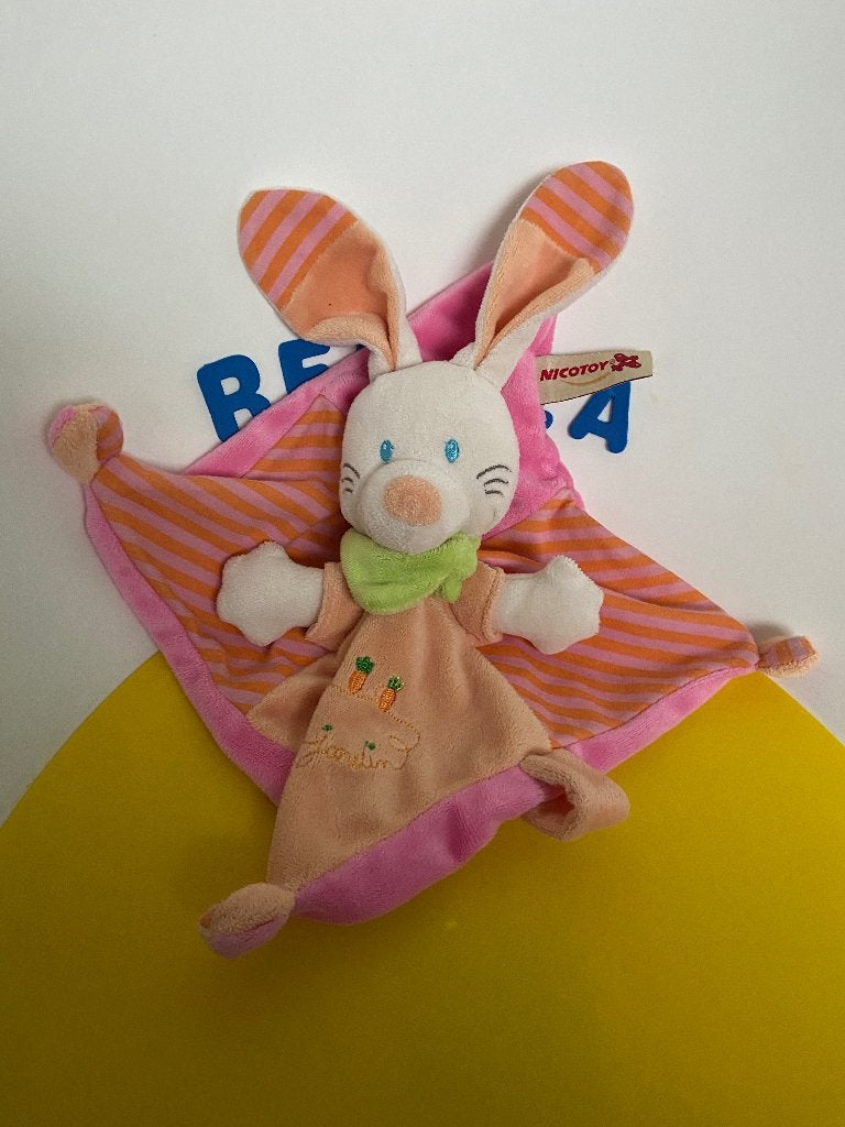 K2828 nicotoy doekje konijn oranje roze, Kinderen en Baby's, Ophalen of Verzenden, Zo goed als nieuw, Overige typen