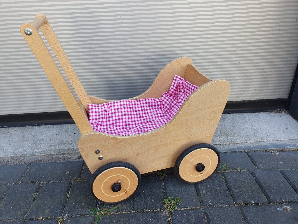 Pinolino houten poppenwagen met bekleding poppen wagen hout, Ophalen of Verzenden, Gebruikt, Babypop