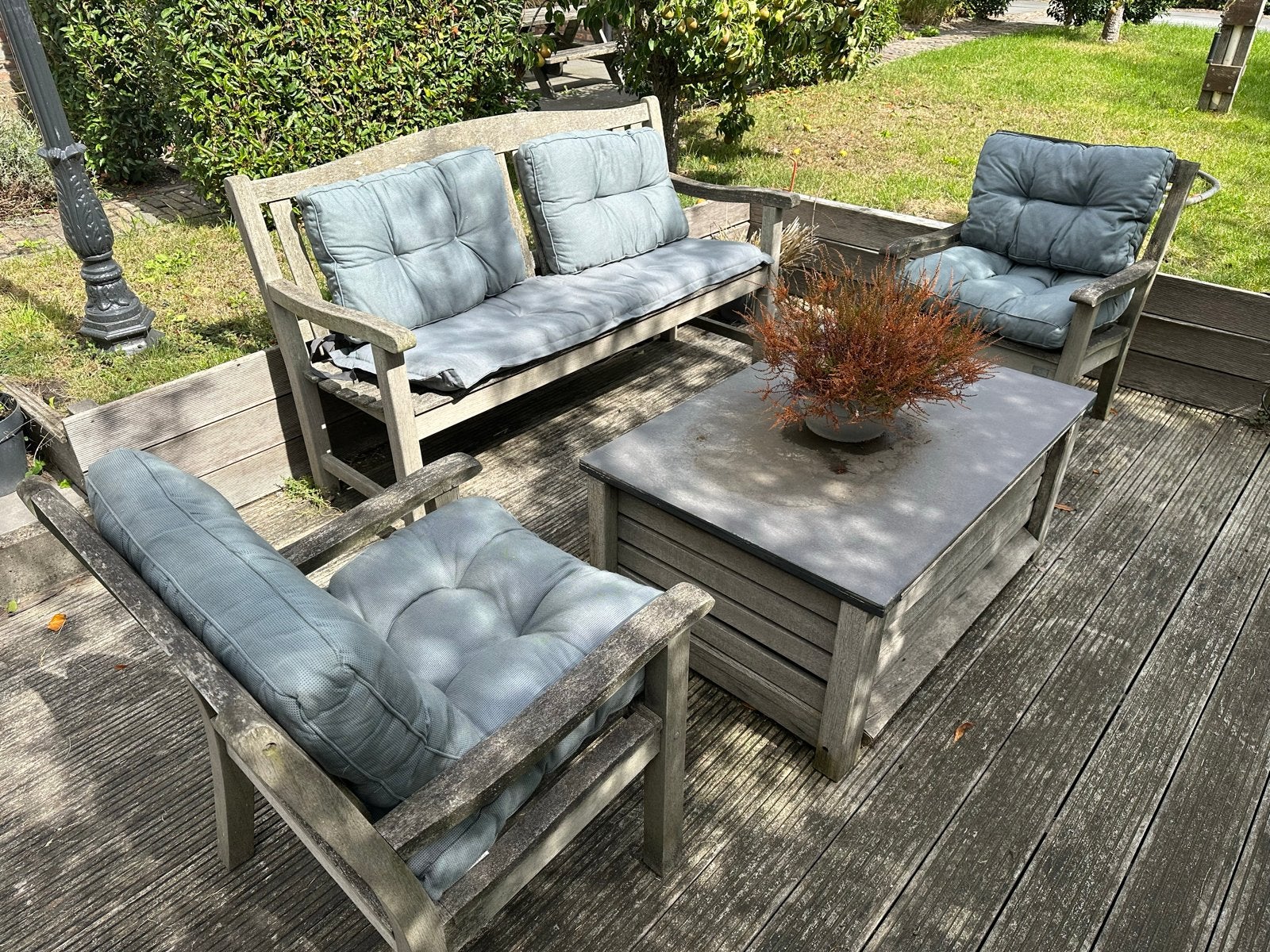 Tuinset - bank, 2 stoelen - hout - kussens, Ophalen, 5 zitplaatsen, Gebruikt, Bank